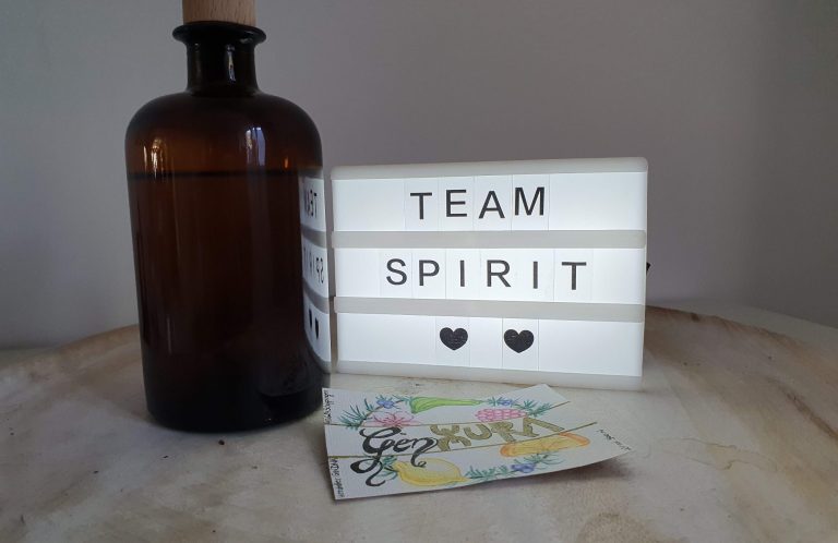 Braune Flasche, beleuchtetes Schild mit „TEAM SPIRIT“ und eine illustrierte Karte.