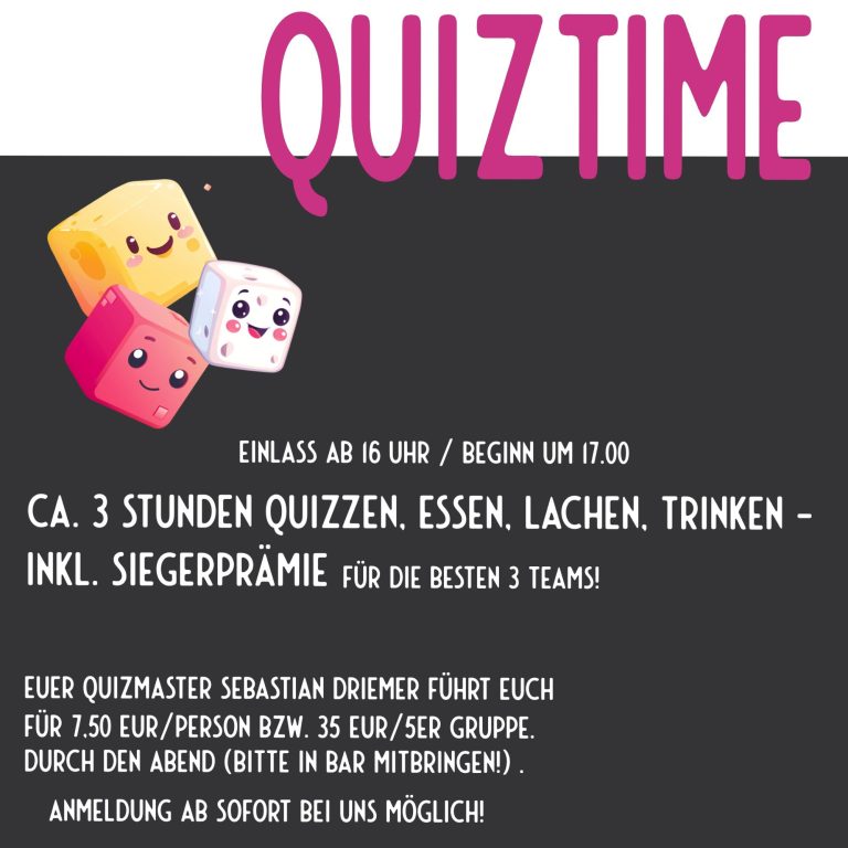 Quizveranstaltung mit Spielen, Essen und Preisen für die besten Teams.